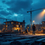 A photograph of a well-lit construction site at dusk
