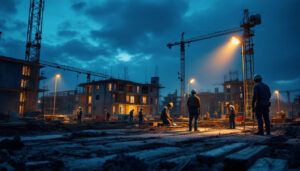 A photograph of a well-lit construction site at dusk