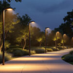A photograph of a well-lit outdoor space featuring various styles of lighting poles