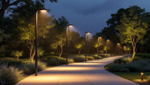 A photograph of a well-lit outdoor space featuring various styles of lighting poles