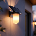A photograph of a beautifully designed solar wall sconce installed on an exterior wall