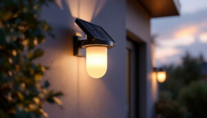A photograph of a beautifully designed solar wall sconce installed on an exterior wall