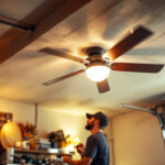 A photograph of a well-lit garage featuring stylish ceiling fans in action