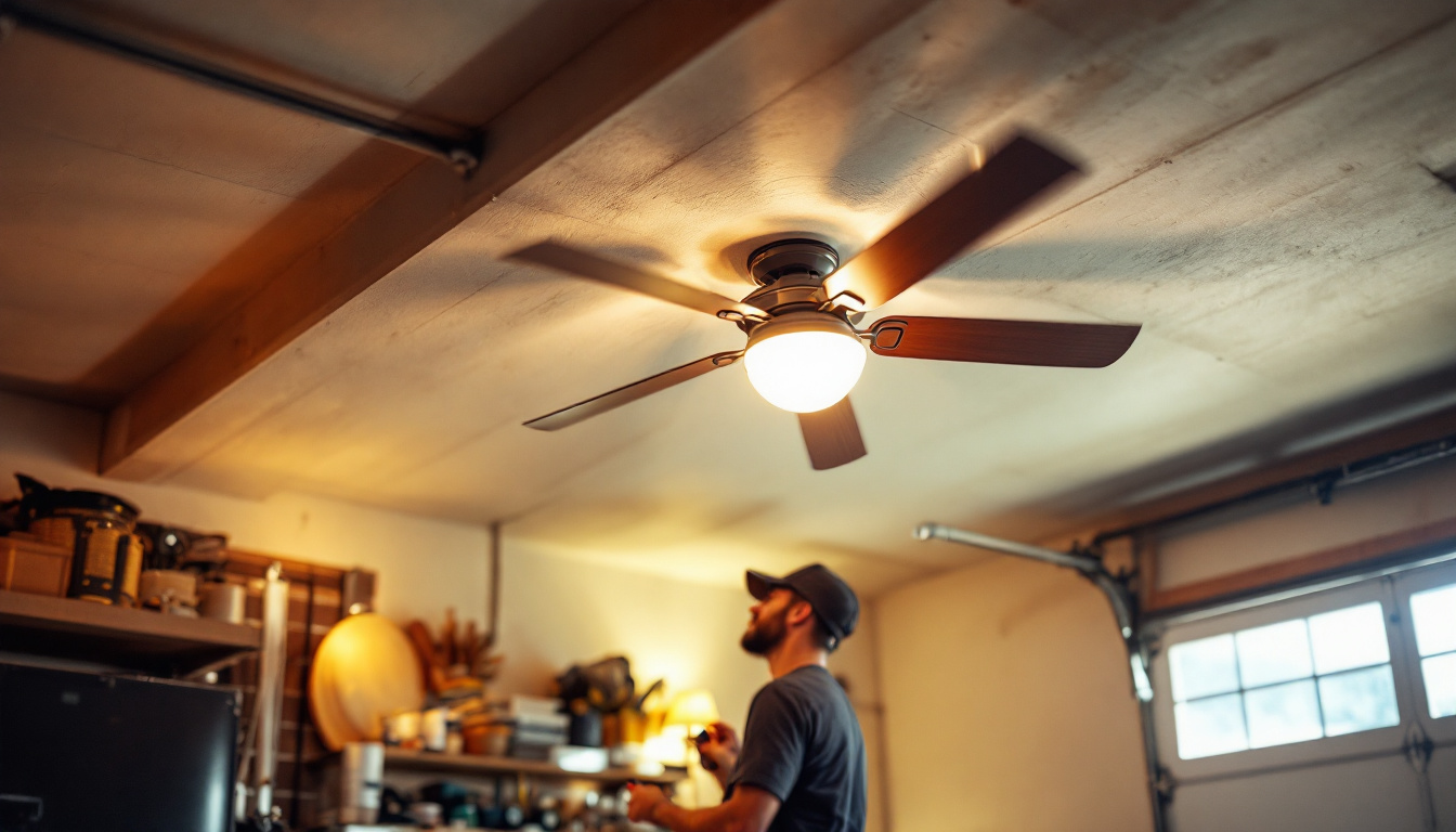 A photograph of a well-lit garage featuring stylish ceiling fans in action