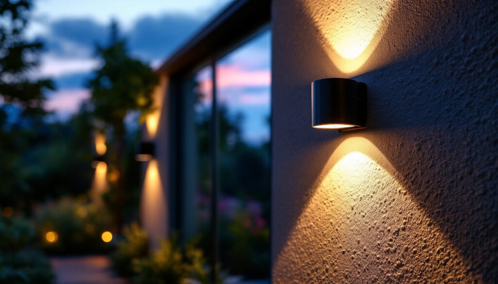 A photograph of a beautifully lit outdoor space featuring solar sconces installed on a home or garden wall