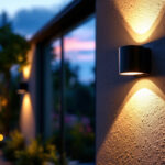 A photograph of a beautifully lit outdoor space featuring solar sconces installed on a home or garden wall