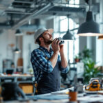 A photograph of a lighting contractor efficiently installing hung angles in a well-lit workspace