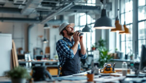A photograph of a lighting contractor efficiently installing hung angles in a well-lit workspace