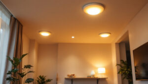 A photograph of a well-lit room showcasing 8-inch recessed lighting fixtures installed in a modern setting