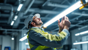 A photograph of a lighting contractor installing a 4ft t8 led lamp in a commercial setting