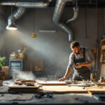 A photograph of a well-lit workshop featuring an exhaust fan in action
