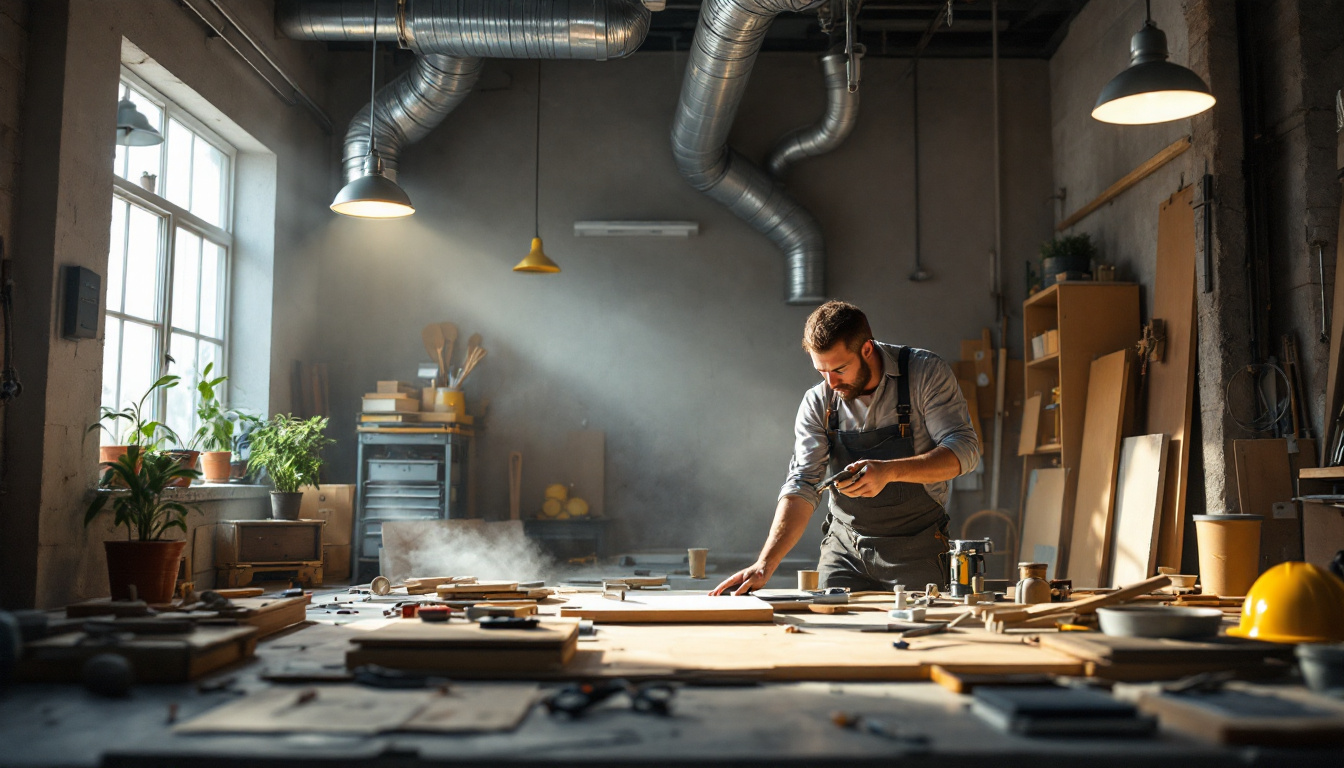 A photograph of a well-lit workshop featuring an exhaust fan in action