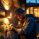 A photograph of a professional lighting contractor installing led motion lights in a residential or commercial setting