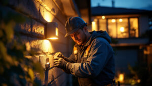 A photograph of a professional lighting contractor installing led motion lights in a residential or commercial setting