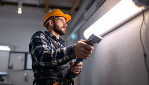 A photograph of a lighting contractor installing or demonstrating a 4-foot fluorescent tube light in a commercial or residential setting