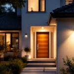 A photograph of a modern home exterior illuminated by stylish security lights at dusk