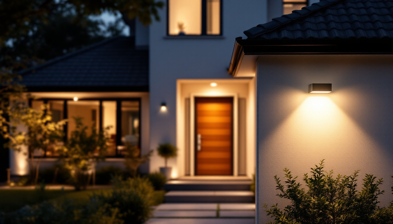 A photograph of a modern home exterior illuminated by stylish security lights at dusk