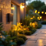 A photograph of a skilled lighting contractor installing an outdoor electrical cover on a beautifully landscaped patio