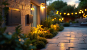 A photograph of a skilled lighting contractor installing an outdoor electrical cover on a beautifully landscaped patio