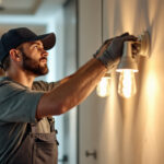 A photograph of a skilled lighting contractor at work