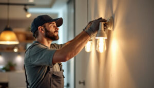 A photograph of a skilled lighting contractor at work