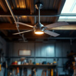 A photograph of a stylish metal garage interior featuring a ceiling fan