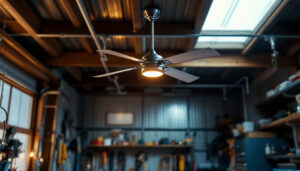 A photograph of a stylish metal garage interior featuring a ceiling fan