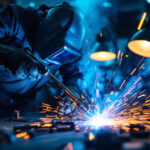 A photograph of a skilled lighting contractor using a tig welding torch in a dynamic work environment