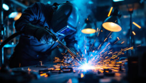 A photograph of a skilled lighting contractor using a tig welding torch in a dynamic work environment