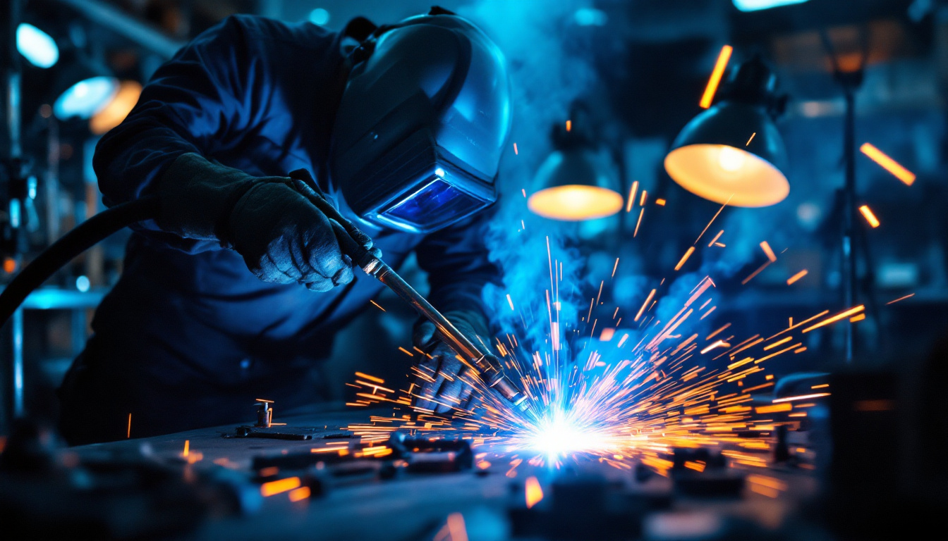 A photograph of a skilled lighting contractor using a tig welding torch in a dynamic work environment