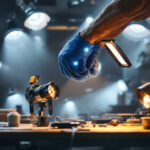 A photograph of a skilled lighting contractor installing or showcasing a variety of modern led fixtures in a well-lit