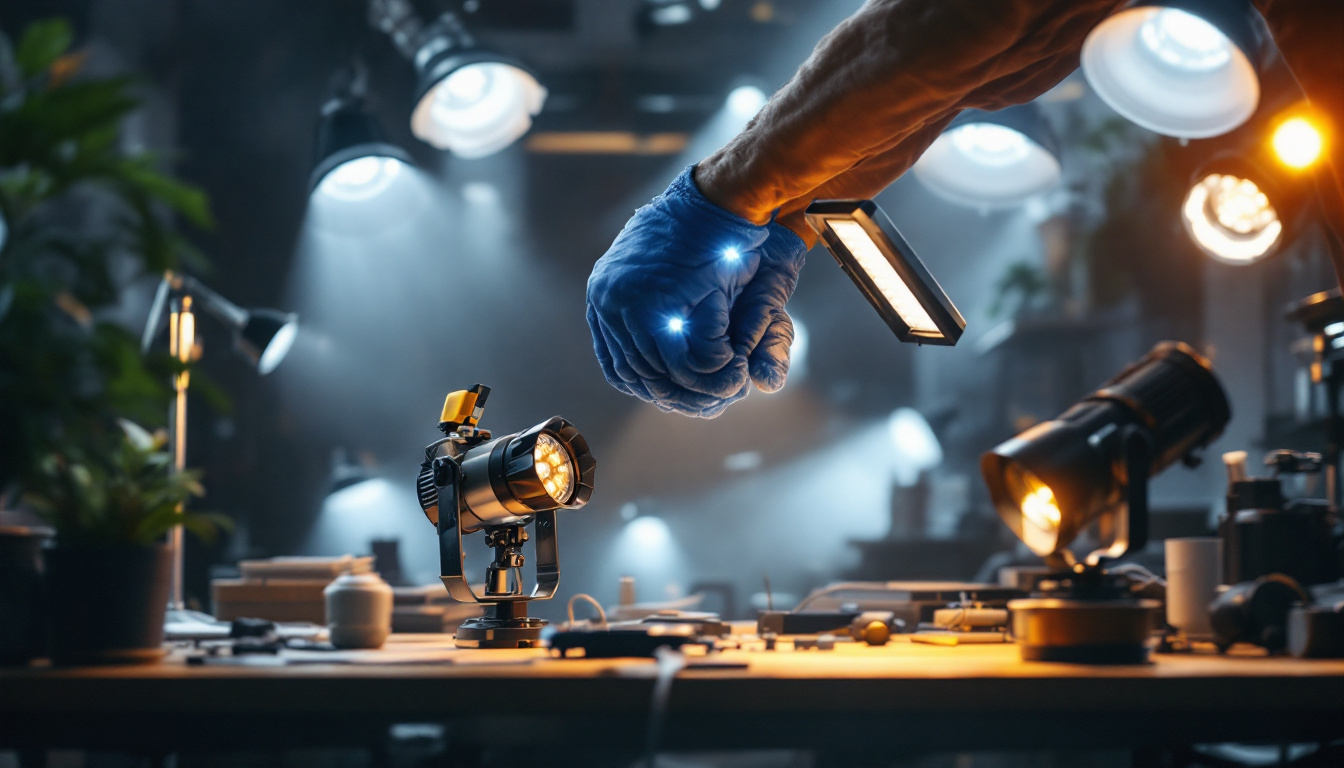 A photograph of a skilled lighting contractor installing or showcasing a variety of modern led fixtures in a well-lit