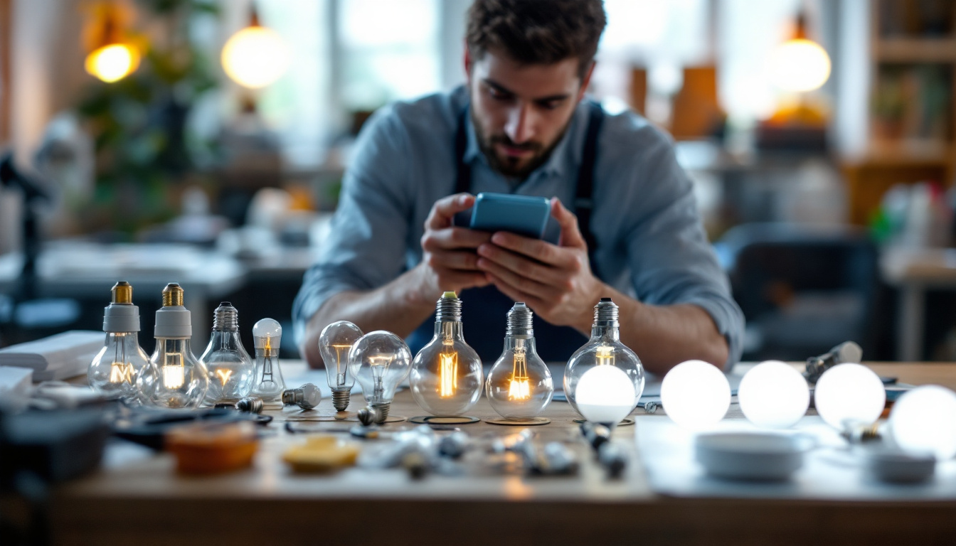 A photograph of a well-organized display of various light bulbs with different brightness levels