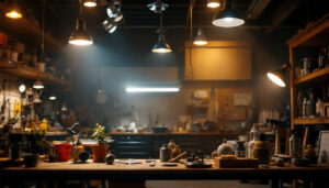 A photograph of a well-lit workshop or retail space showcasing bright