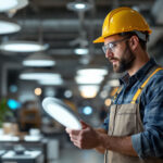 A photograph of a lighting contractor examining a variety of led lights in a well-lit showroom