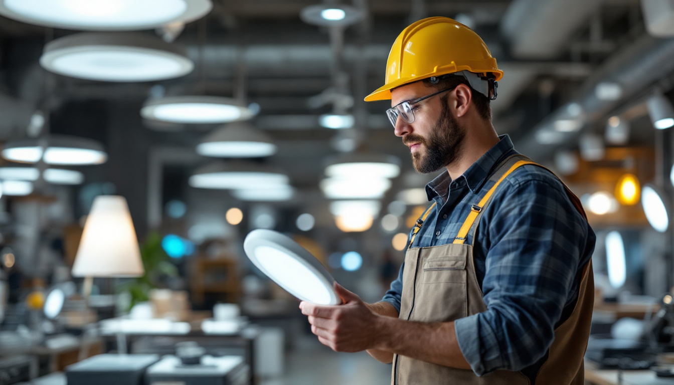A photograph of a lighting contractor examining a variety of led lights in a well-lit showroom