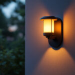 A photograph of a beautifully designed solar lamp mounted on an outdoor wall