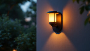A photograph of a beautifully designed solar lamp mounted on an outdoor wall