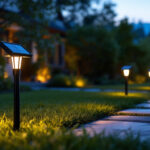 A photograph of a beautifully illuminated outdoor space featuring solar-powered landscape lights