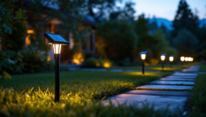 A photograph of a beautifully illuminated outdoor space featuring solar-powered landscape lights