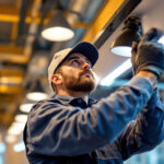 A photograph of a lighting contractor skillfully installing or adjusting modern lighting fixtures at westgate