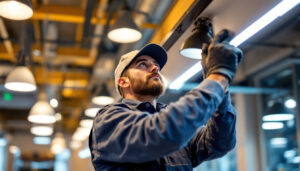 A photograph of a lighting contractor skillfully installing or adjusting modern lighting fixtures at westgate