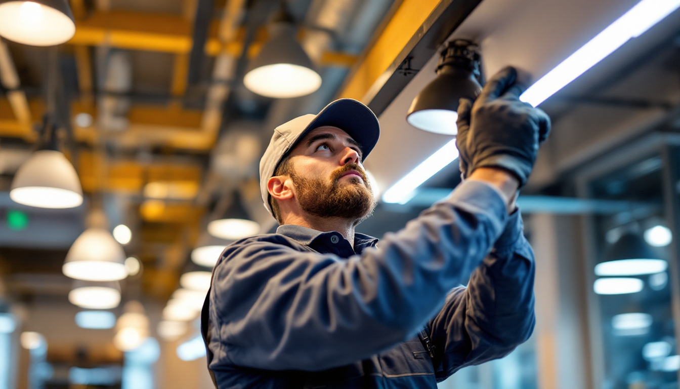 A photograph of a lighting contractor skillfully installing or adjusting modern lighting fixtures at westgate