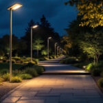 A photograph of a well-lit outdoor space featuring pole solar lights illuminating pathways and surrounding areas