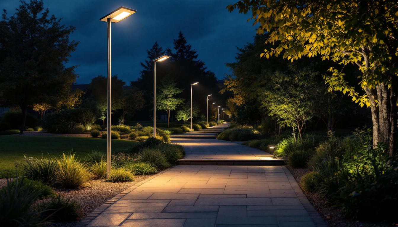 A photograph of a well-lit outdoor space featuring pole solar lights illuminating pathways and surrounding areas