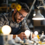 A photograph of a lighting contractor inspecting a variety of light bulbs and fixtures in a well-lit workspace