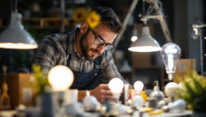 A photograph of a lighting contractor inspecting a variety of light bulbs and fixtures in a well-lit workspace