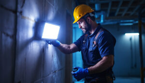 A photograph of a lighting contractor using a bright