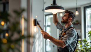 A photograph of a skilled lighting contractor expertly installing or adjusting stylish light fixtures in a modern residential setting