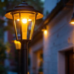 A photograph of a beautifully illuminated outdoor led lamp post in a residential or commercial setting